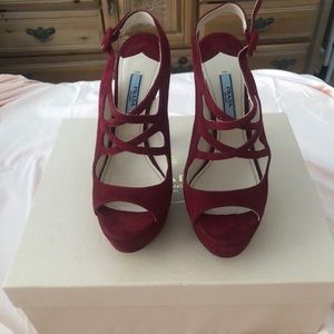 Prada sz 5.5 red suede heels shoes w/box and bags